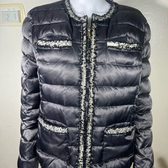 Karl Lagerfeld Black & Gold Tweed Detail Front Zip Puffer Jacket size XL - Picture 2 of 6